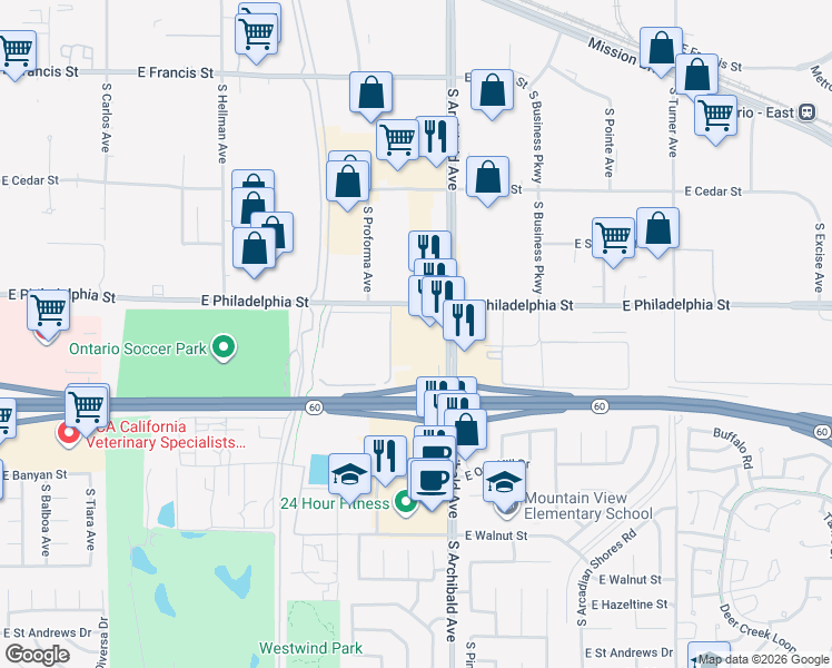 map of restaurants, bars, coffee shops, grocery stores, and more near 2580 East Philadelphia Street in Ontario