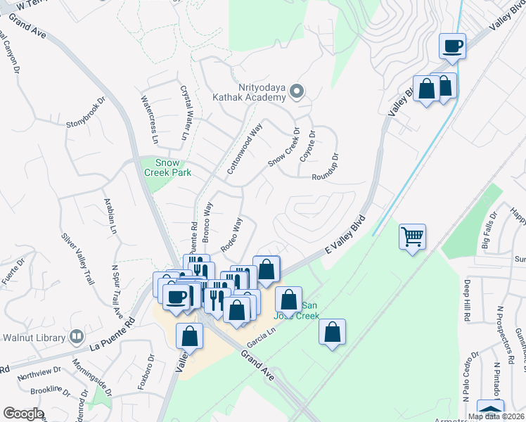 map of restaurants, bars, coffee shops, grocery stores, and more near 707 Timberland Lane in Walnut