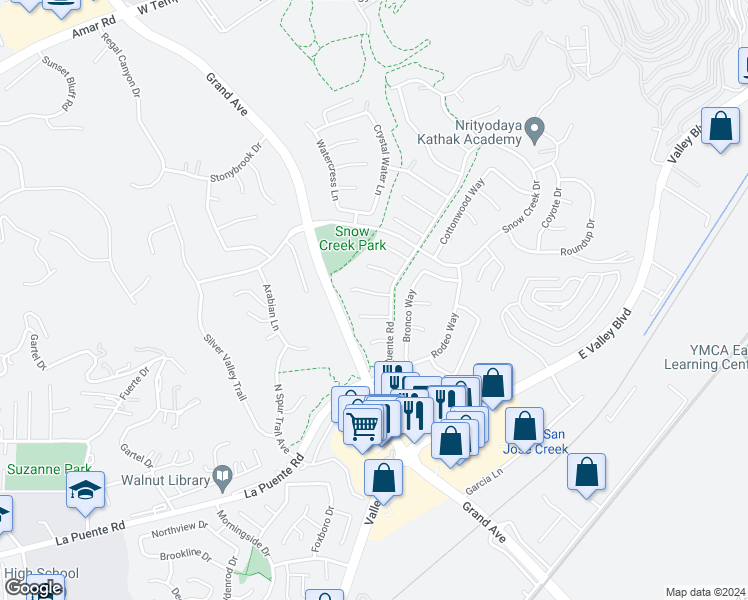map of restaurants, bars, coffee shops, grocery stores, and more near 21622 Parkview Court in Walnut