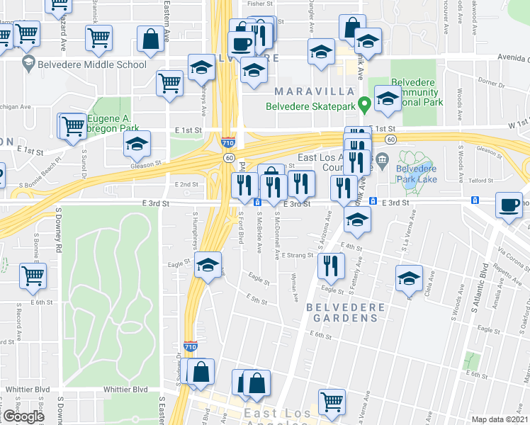map of restaurants, bars, coffee shops, grocery stores, and more near 4605 East 3rd Street in Los Angeles
