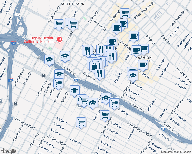 map of restaurants, bars, coffee shops, grocery stores, and more near 1437 Santee Street in Los Angeles