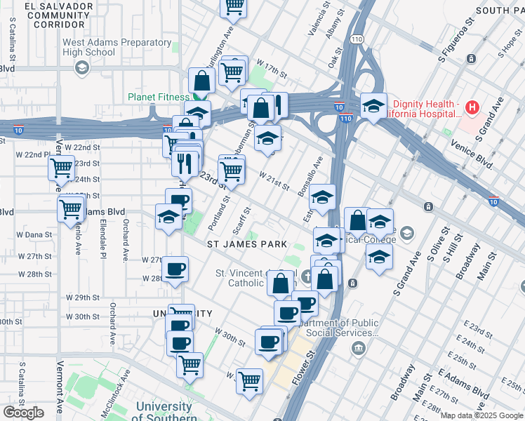map of restaurants, bars, coffee shops, grocery stores, and more near 861 West 23rd Street in Los Angeles