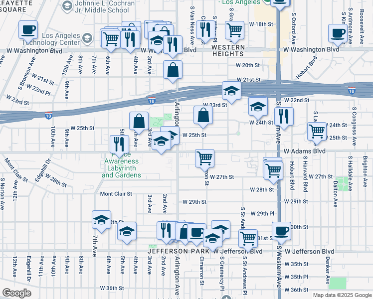 map of restaurants, bars, coffee shops, grocery stores, and more near 2272 West 25th Street in Los Angeles