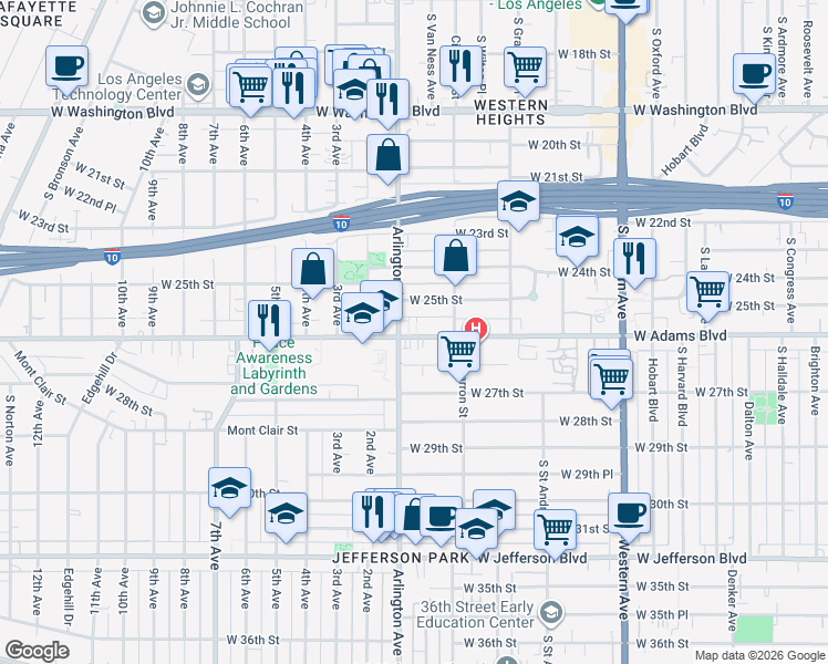 map of restaurants, bars, coffee shops, grocery stores, and more near 2272 West 25th Street in Los Angeles