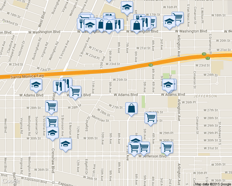 map of restaurants, bars, coffee shops, grocery stores, and more near 2528 8th Avenue in Los Angeles