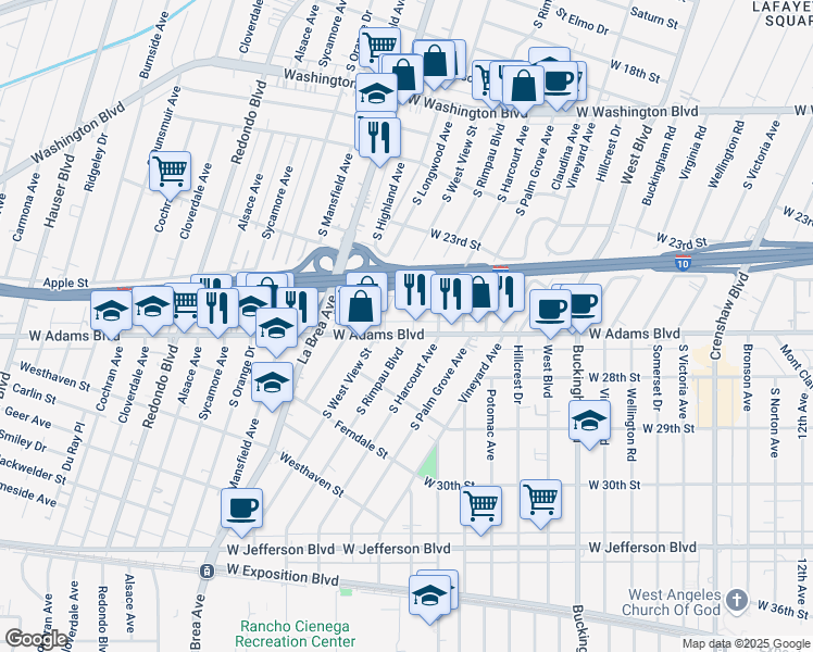 map of restaurants, bars, coffee shops, grocery stores, and more near 2521 South Rimpau Boulevard in Los Angeles