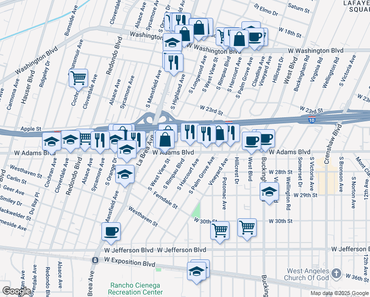 map of restaurants, bars, coffee shops, grocery stores, and more near 2521 South Rimpau Boulevard in Los Angeles
