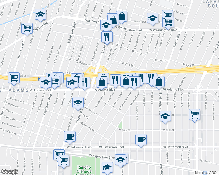 map of restaurants, bars, coffee shops, grocery stores, and more near 2501 South West View Street in Los Angeles