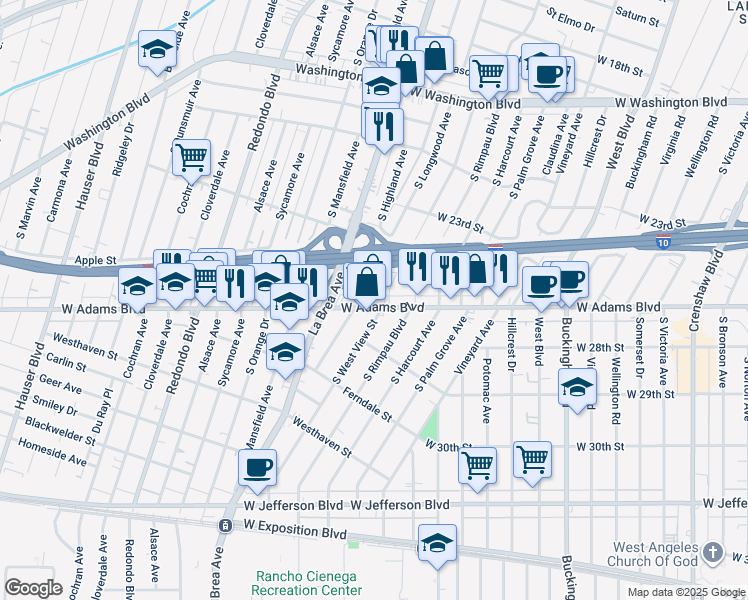 map of restaurants, bars, coffee shops, grocery stores, and more near 2501 South West View Street in Los Angeles