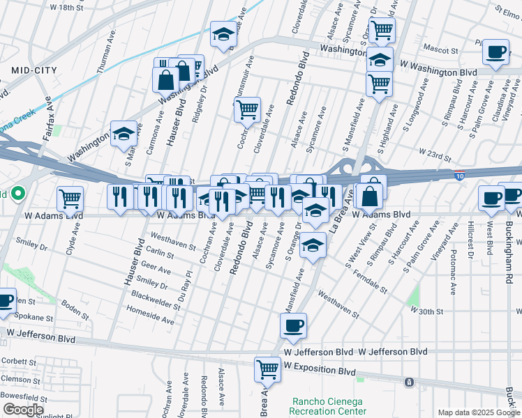 map of restaurants, bars, coffee shops, grocery stores, and more near 2515 Redondo Boulevard in Los Angeles