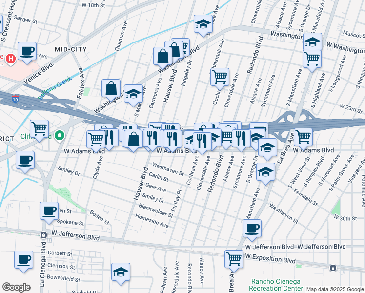 map of restaurants, bars, coffee shops, grocery stores, and more near 2531 South Burnside Avenue in Los Angeles