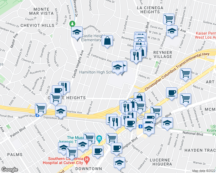 map of restaurants, bars, coffee shops, grocery stores, and more near 3030 South Canfield Avenue in Los Angeles