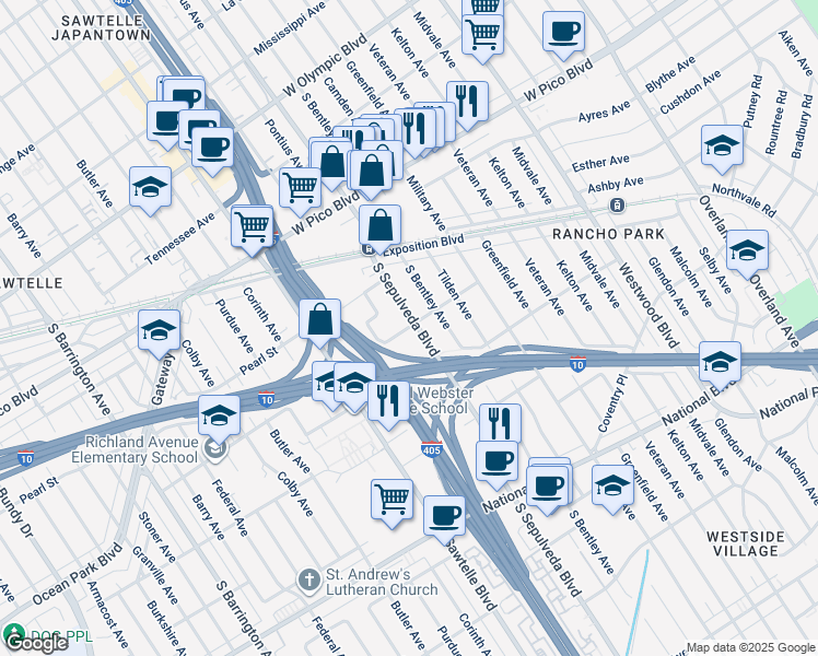 map of restaurants, bars, coffee shops, grocery stores, and more near 2578 South Sepulveda Boulevard in Los Angeles