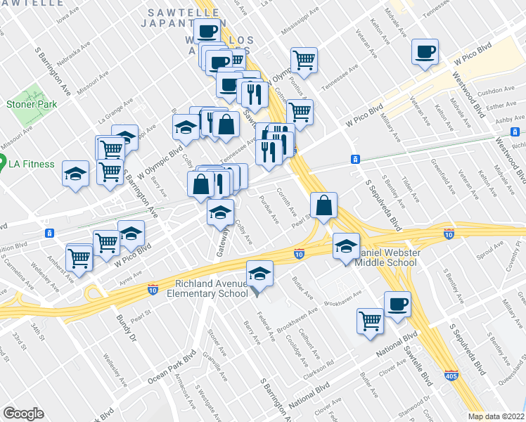 map of restaurants, bars, coffee shops, grocery stores, and more near 2434 Purdue Avenue in Los Angeles