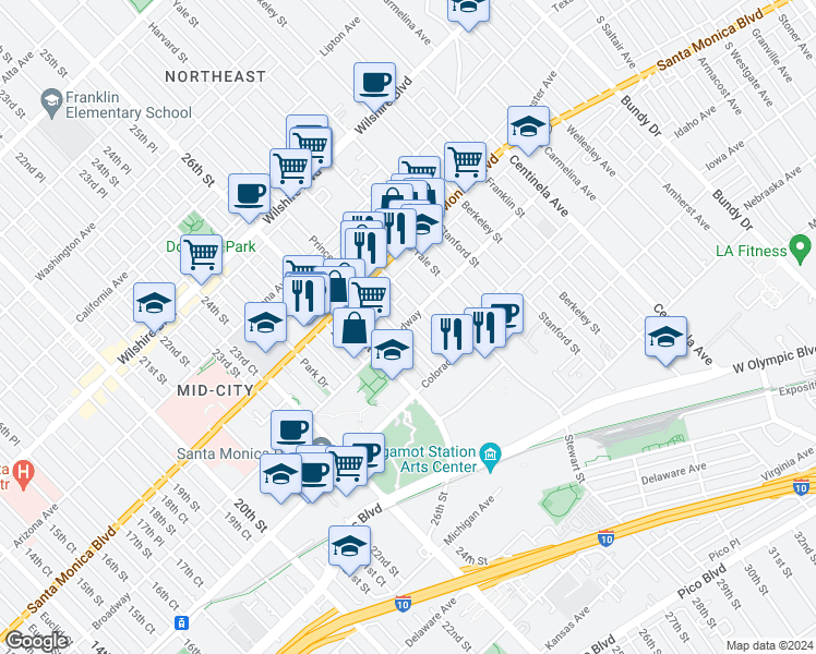 map of restaurants, bars, coffee shops, grocery stores, and more near 1452 Harvard Street in Santa Monica