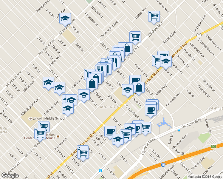 map of restaurants, bars, coffee shops, grocery stores, and more near 1231 24th Street in Santa Monica