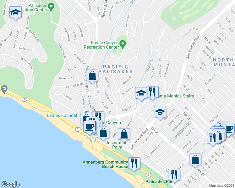 map of restaurants, bars, coffee shops, grocery stores, and more near 401 Amalfi Drive in Los Angeles