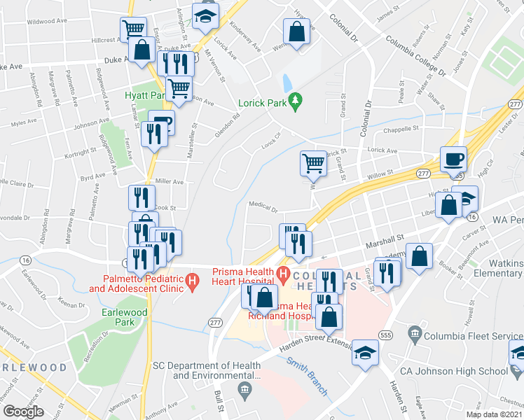 map of restaurants, bars, coffee shops, grocery stores, and more near 3630 Medical Drive in Columbia