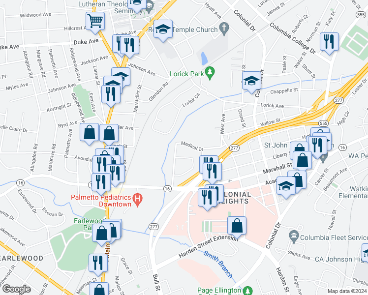 map of restaurants, bars, coffee shops, grocery stores, and more near 3612 Medical Drive in Columbia