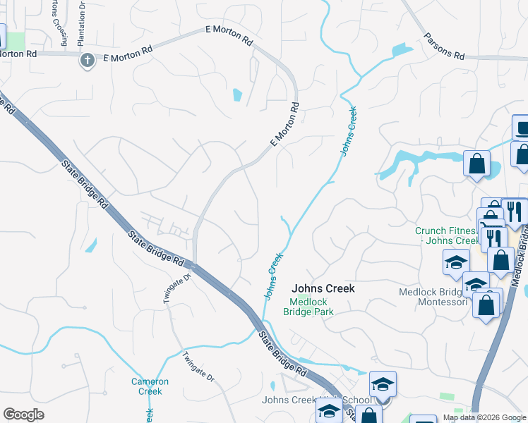 map of restaurants, bars, coffee shops, grocery stores, and more near 5415 Cameron Forest Parkway in Alpharetta