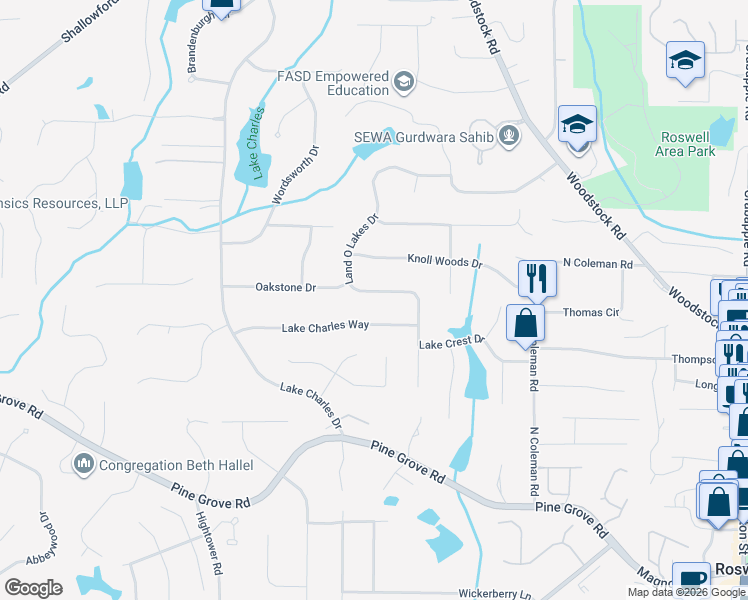 map of restaurants, bars, coffee shops, grocery stores, and more near 1310 Land O Lakes Drive in Roswell