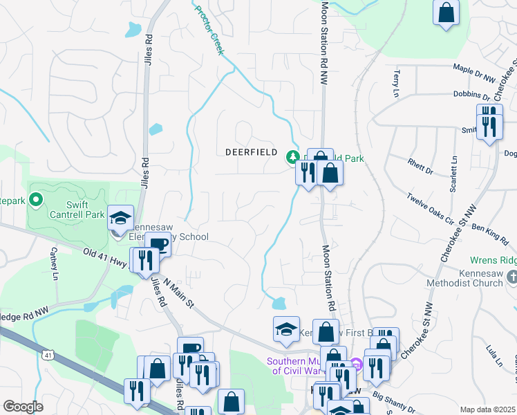 map of restaurants, bars, coffee shops, grocery stores, and more near 1080 Rackley Way in Kennesaw