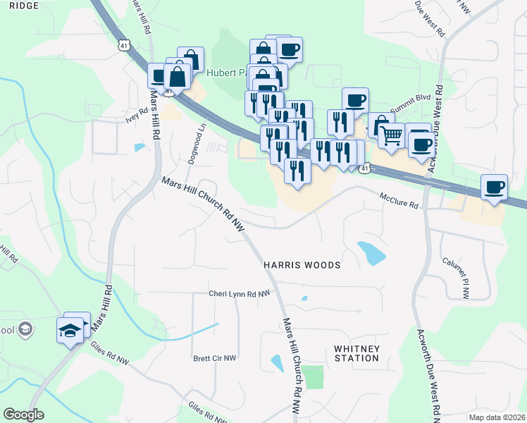 map of restaurants, bars, coffee shops, grocery stores, and more near 4526 Amysaye Walk Northwest in Acworth