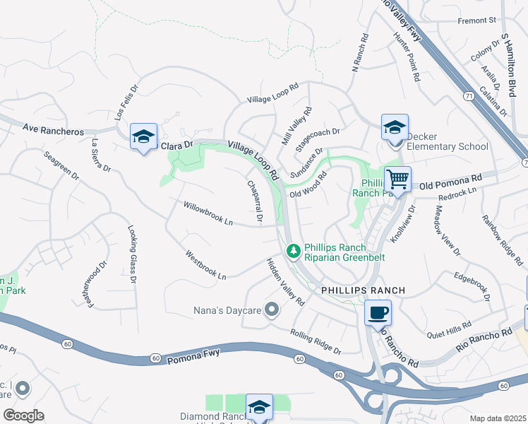 map of restaurants, bars, coffee shops, grocery stores, and more near 10 Chaparral Drive in Pomona