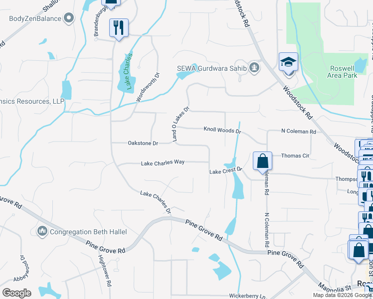map of restaurants, bars, coffee shops, grocery stores, and more near 1310 Land O Lakes Drive in Roswell