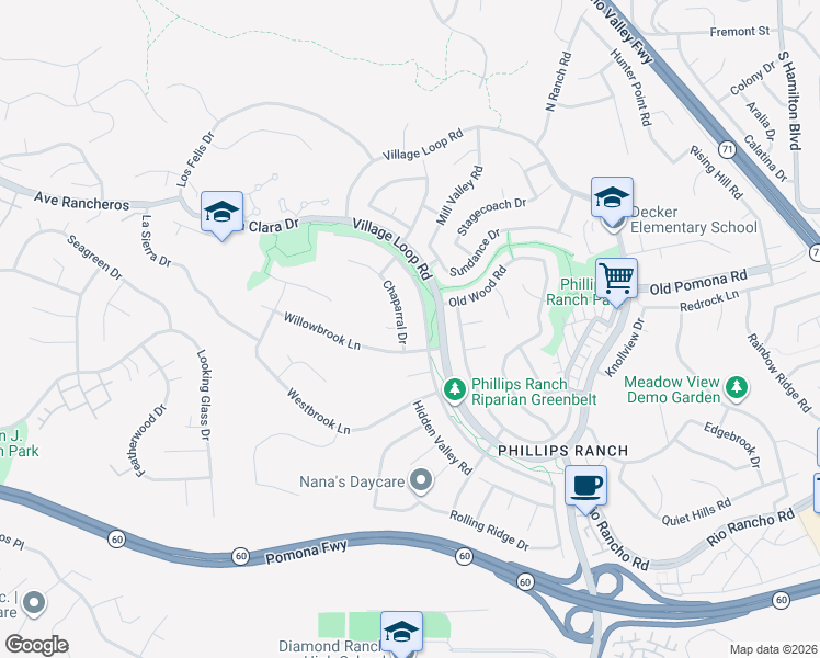 map of restaurants, bars, coffee shops, grocery stores, and more near 20 Chaparral Drive in Pomona