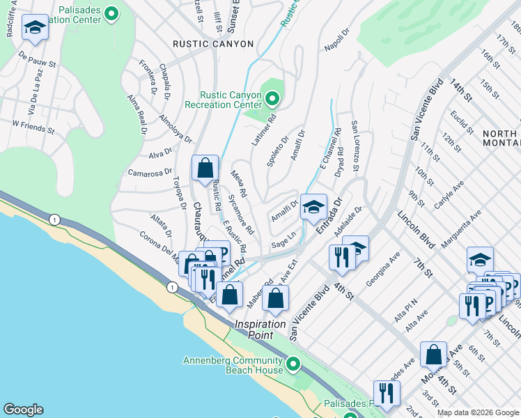 map of restaurants, bars, coffee shops, grocery stores, and more near 401 Amalfi Drive in Los Angeles