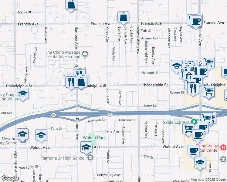 map of restaurants, bars, coffee shops, grocery stores, and more near 4735 Revere Street in Chino