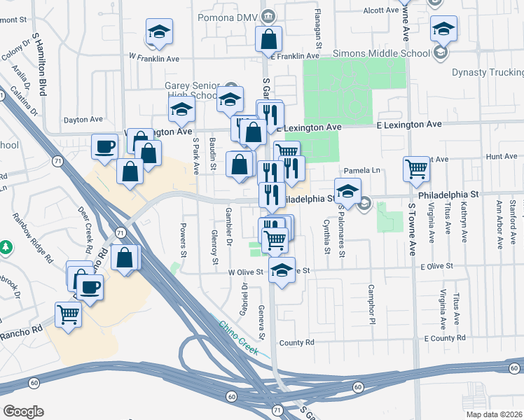 map of restaurants, bars, coffee shops, grocery stores, and more near 2140 Yukon in Pomona
