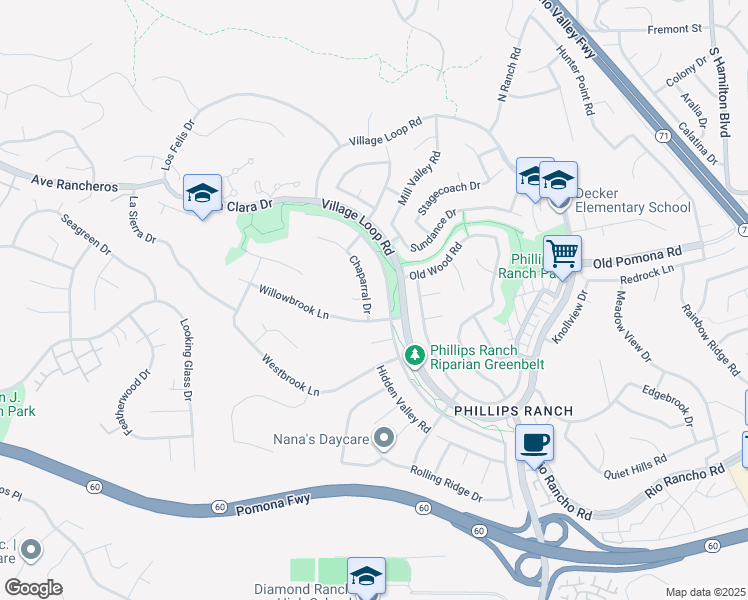 map of restaurants, bars, coffee shops, grocery stores, and more near 10 Chaparral Drive in Pomona
