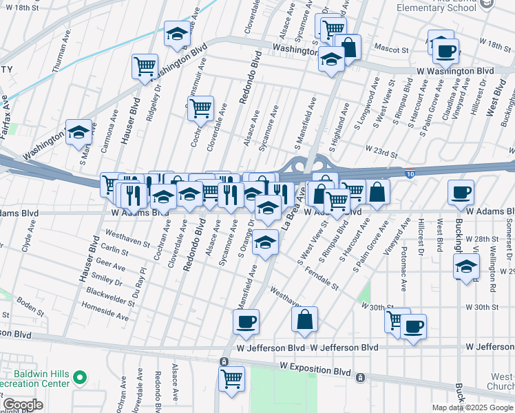 map of restaurants, bars, coffee shops, grocery stores, and more near 2523 South Orange Drive in Los Angeles