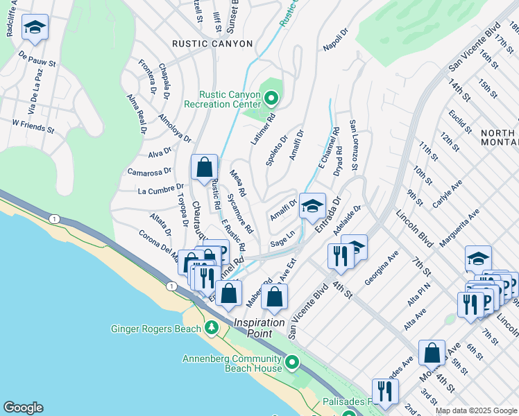 map of restaurants, bars, coffee shops, grocery stores, and more near 389 Upper Mesa Road in Santa Monica