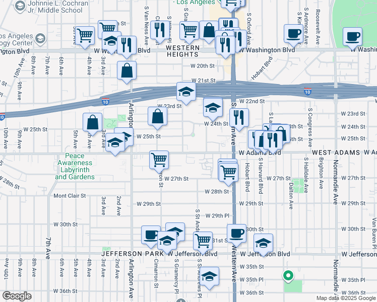 map of restaurants, bars, coffee shops, grocery stores, and more near 2141 West Adams Boulevard in Los Angeles