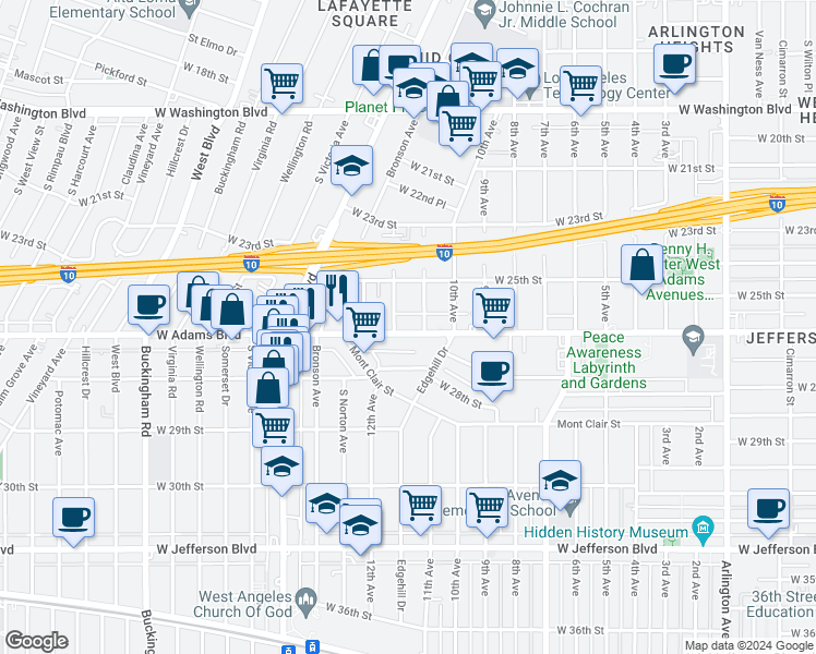 map of restaurants, bars, coffee shops, grocery stores, and more near 4121 West Adams Boulevard in Los Angeles