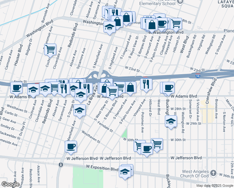 map of restaurants, bars, coffee shops, grocery stores, and more near 4905 West Adams Boulevard in Los Angeles