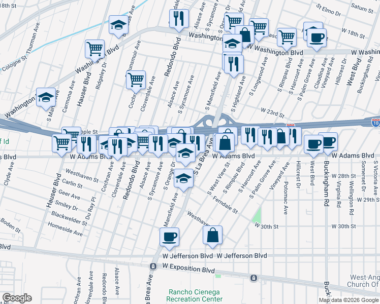 map of restaurants, bars, coffee shops, grocery stores, and more near 2541 South Mansfield Avenue in Los Angeles
