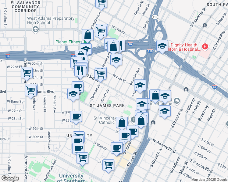 map of restaurants, bars, coffee shops, grocery stores, and more near 848 West 23rd Street in Los Angeles