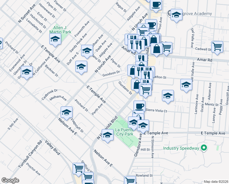 map of restaurants, bars, coffee shops, grocery stores, and more near 15401 Ector Street in La Puente
