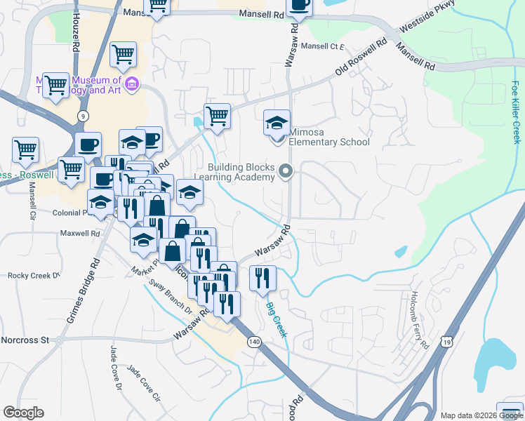 map of restaurants, bars, coffee shops, grocery stores, and more near 163 Willow Stream Court in Roswell