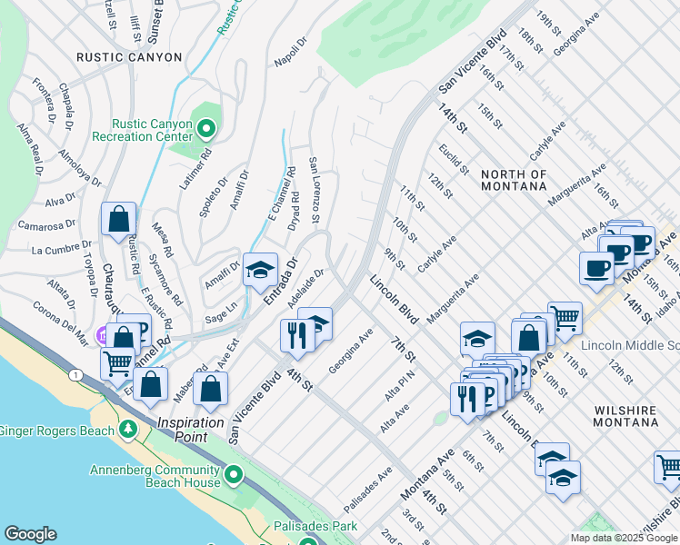 map of restaurants, bars, coffee shops, grocery stores, and more near 702 Adelaide Place in Santa Monica