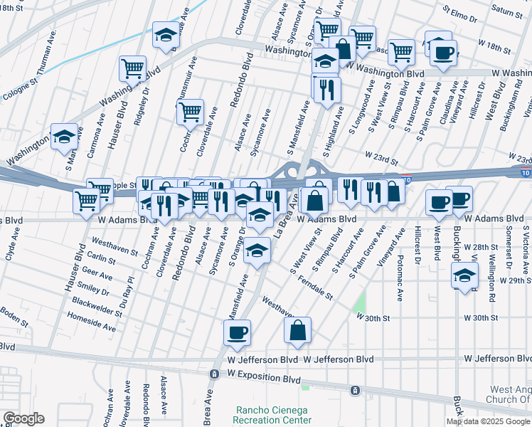 map of restaurants, bars, coffee shops, grocery stores, and more near 2555 South Mansfield Avenue in Los Angeles
