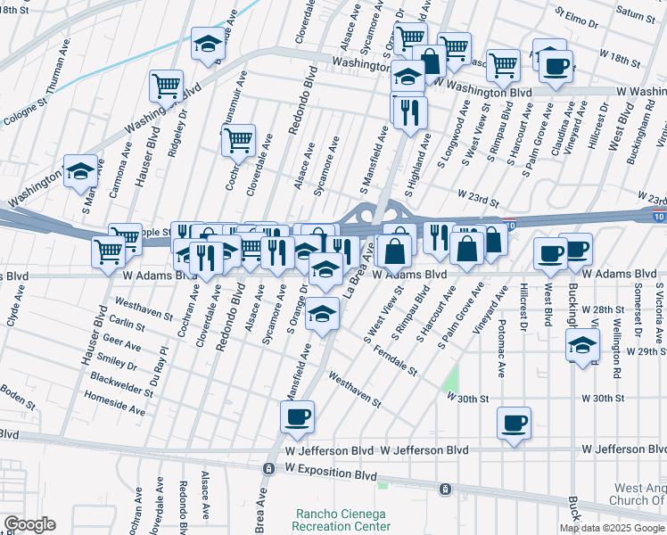 map of restaurants, bars, coffee shops, grocery stores, and more near 2555 South Mansfield Avenue in Los Angeles