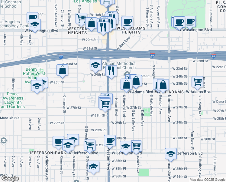 map of restaurants, bars, coffee shops, grocery stores, and more near 1985 West Adams Boulevard in Los Angeles