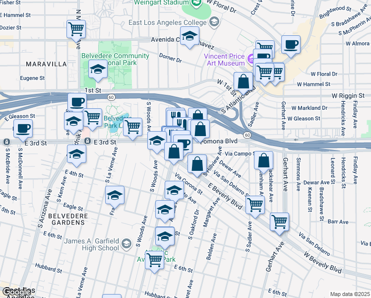 map of restaurants, bars, coffee shops, grocery stores, and more near in East Los Angeles