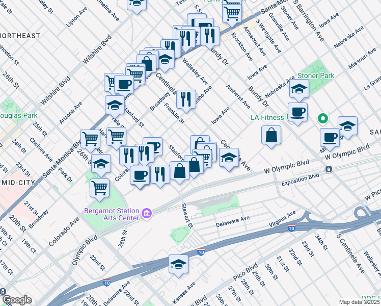 map of restaurants, bars, coffee shops, grocery stores, and more near 1708 Franklin Street in Santa Monica