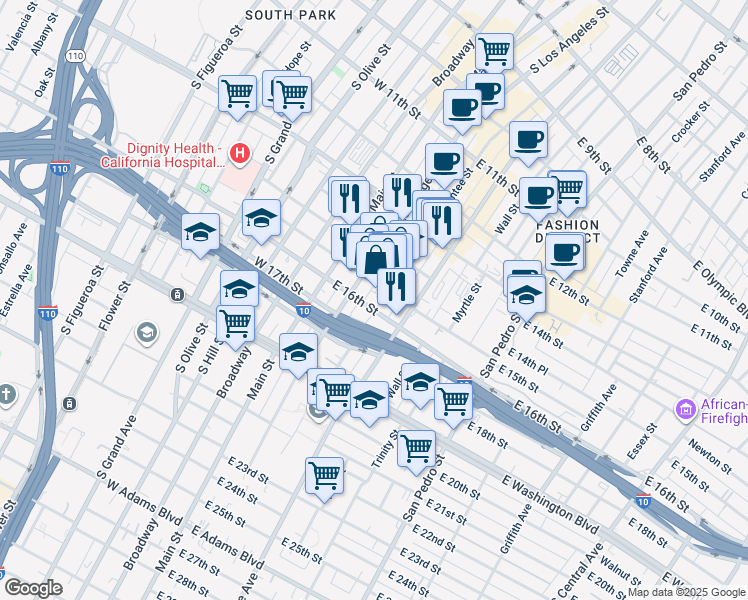 map of restaurants, bars, coffee shops, grocery stores, and more near 1437 Santee Street in Los Angeles